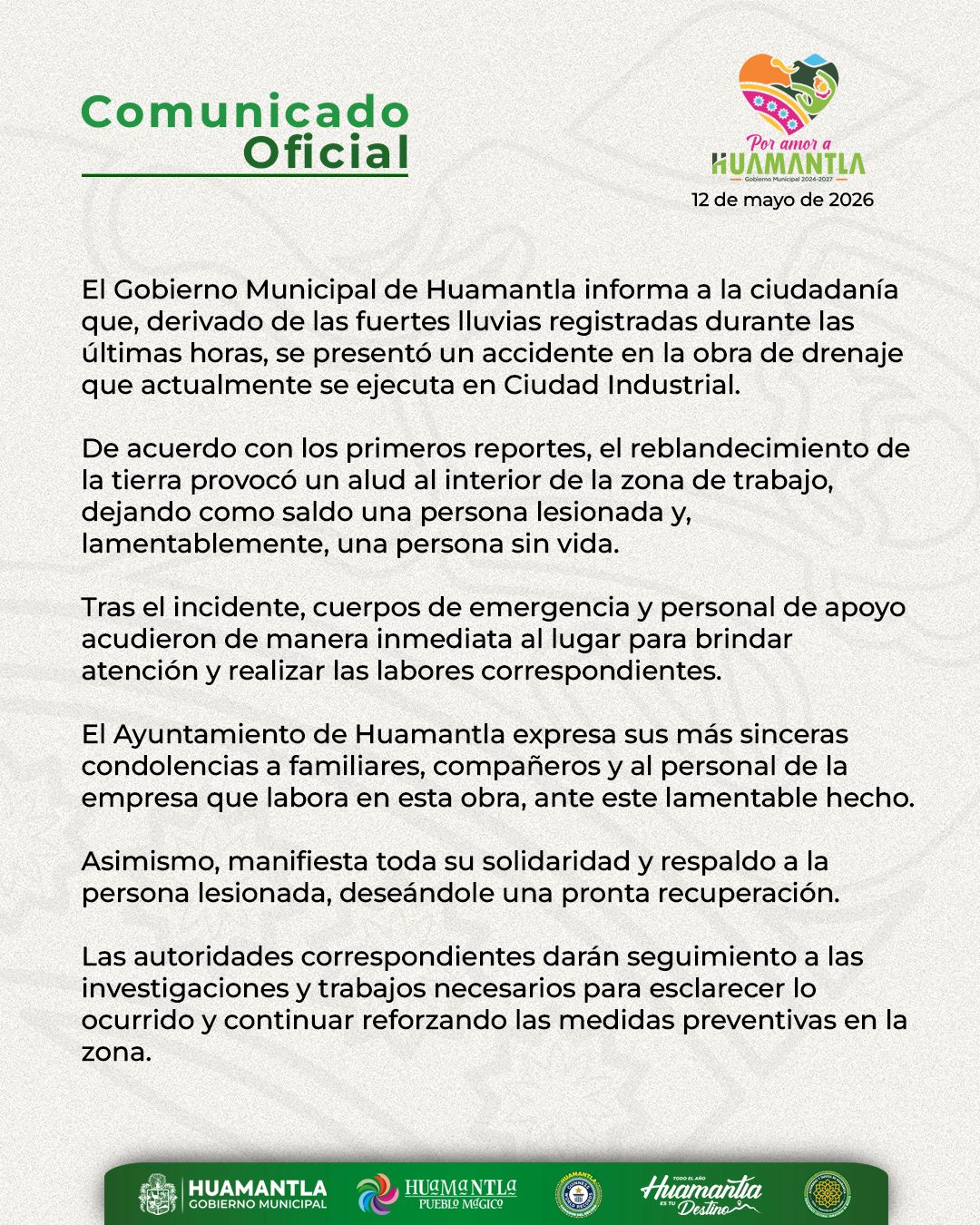 Ayuntamiento de Huamantla externa condolencias y apoyo ante accidente en obra de drenaje por alud